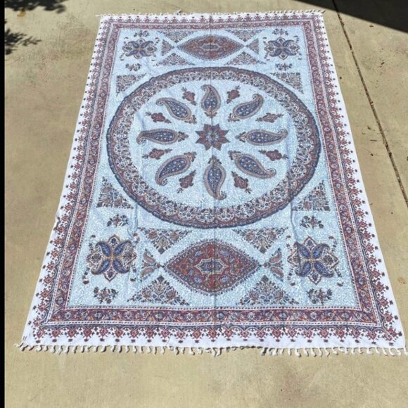 Vintage 1960s Indian Block Print Tapestry Tablecloth Cotton Blue White - Picture 1 of 4